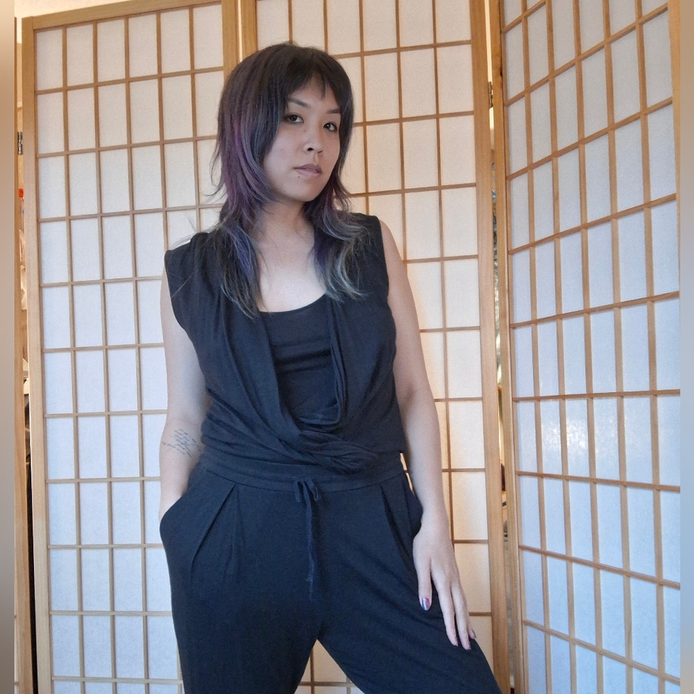 Helmut Lang Black Feather Jersey V-Neck Cropped Wrap Jumpsuit